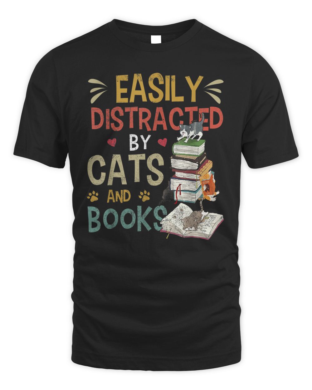 Cats 365 Easily Distracted by Cats & Books Cat & Book Lover T-Shirt Unisex Standard T-Shirt black s